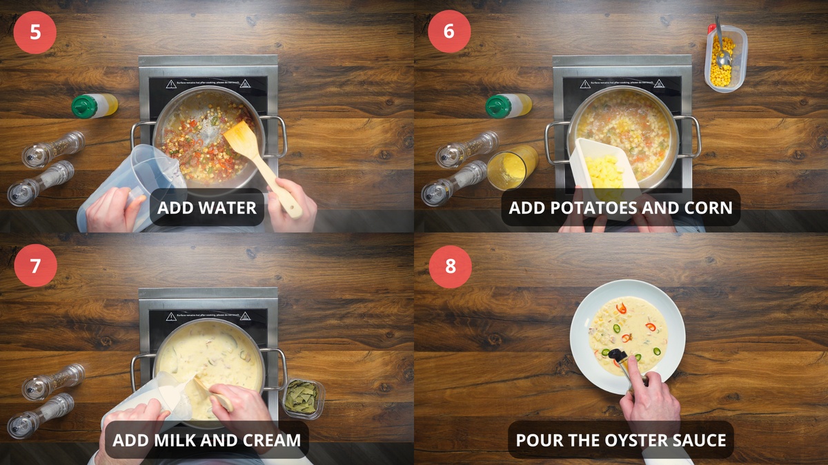 corn chicken chowder soup recipe step by step 5-8
