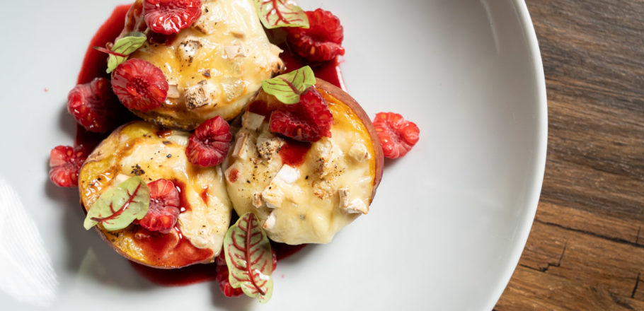 baked peach with Camembert and raspberry sauce recipe