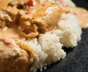 homemade chicken with rice in soy and cream sauce